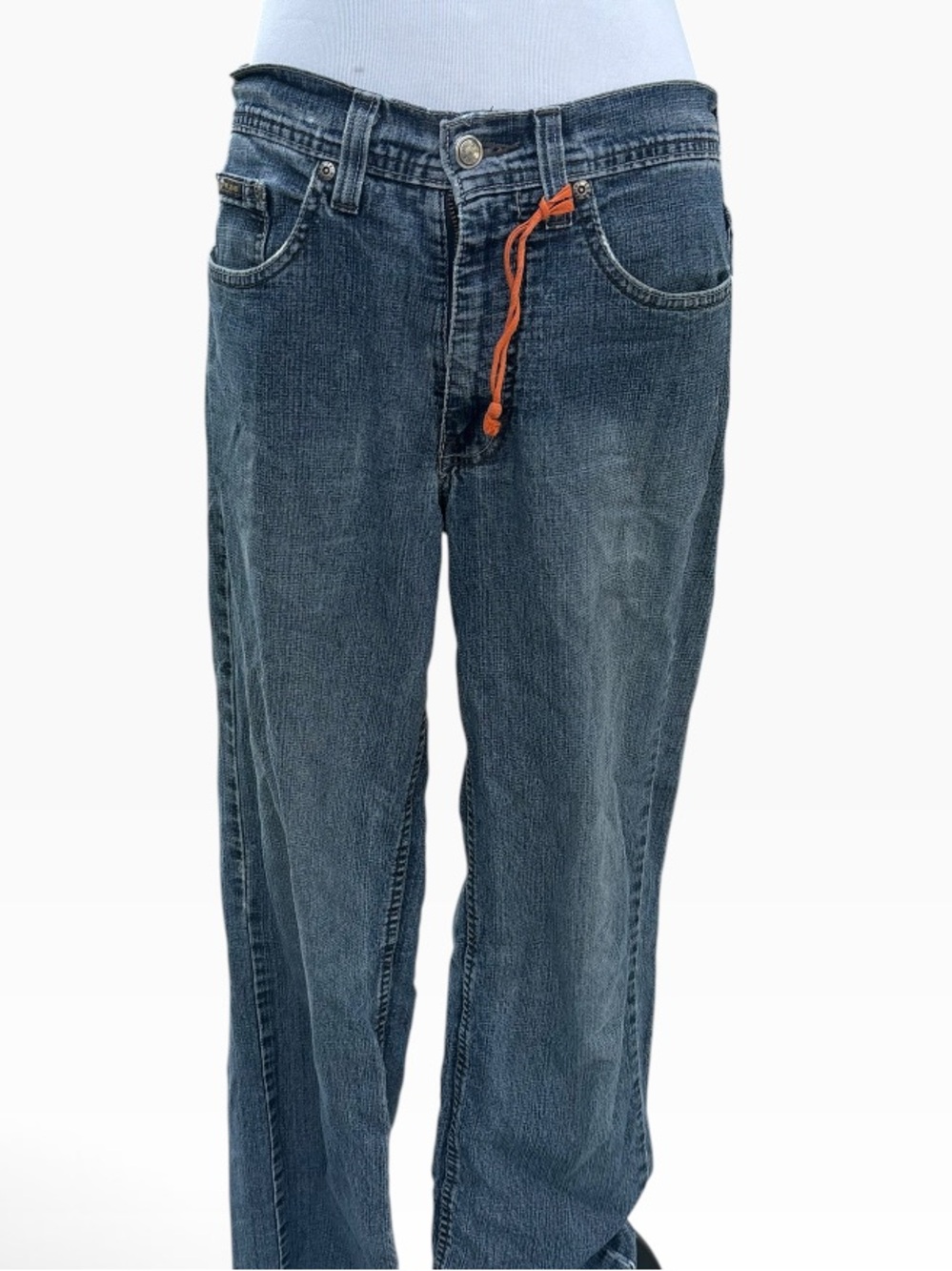 Y2K Point Zero Dark Blue Baggy Low Rise Straight-Leg Jeans with Orange Drawcord